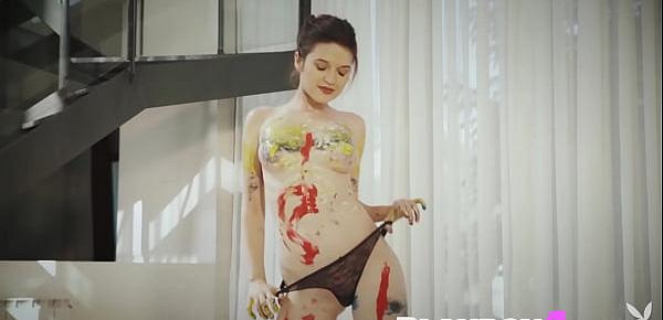  Busty model showed her painted body in photo session